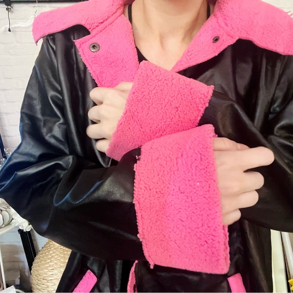 Black Leather Pink Sherpa Coat - Picture 8 of 13
